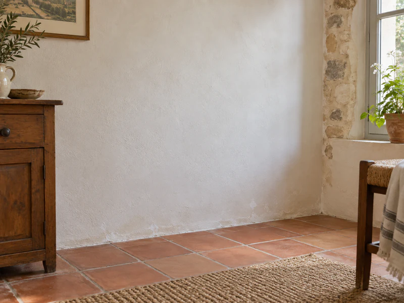 Mur ancien en cours d'assèchement naturel après traitement des remontées capillaires