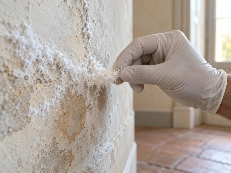 Une barbe blanche s'enlève à la main sur un mur intérieur.
