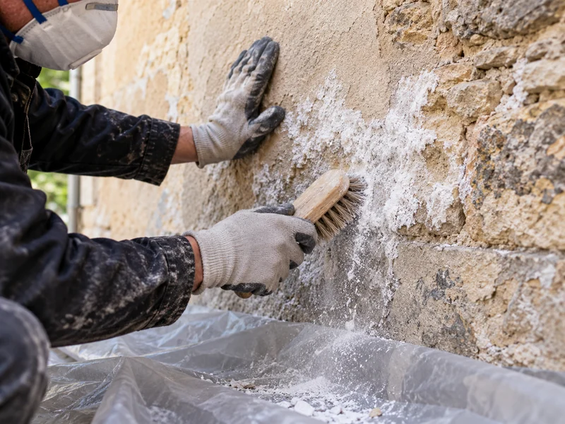 Les cristaux de salpêtre sont retirés à la brosse dure, avec gants et masque.