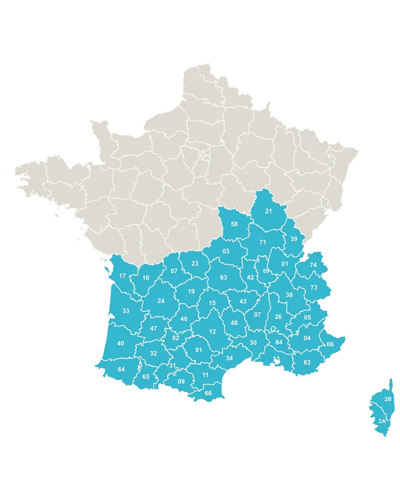 Carte des départements du sud de la France couverts par le réseau Mur-Tronic
