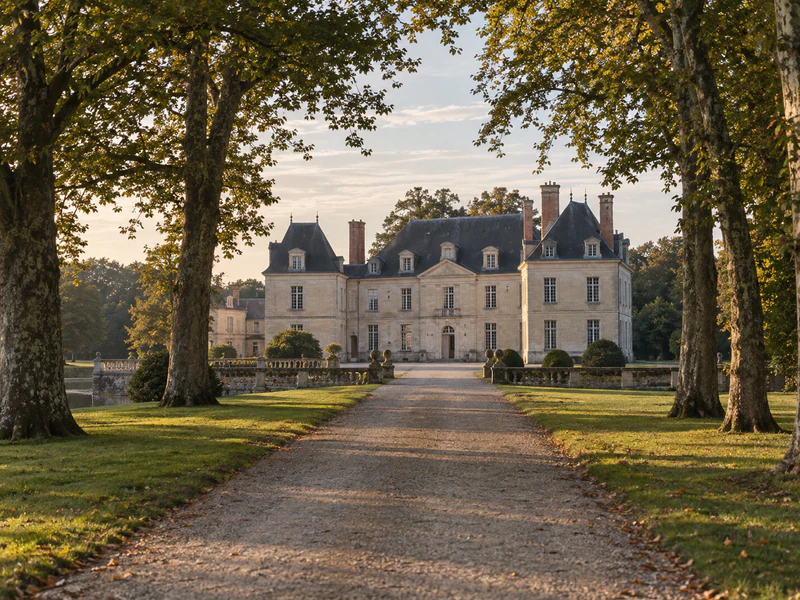 Château et son parc, vu depuis l'allée, lumière de fin de journée