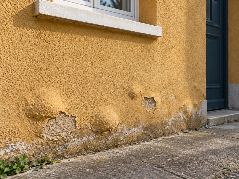 Enduit ocre cloqué et éclaté en bas de façade sous l'effet des sels et de l'humidité