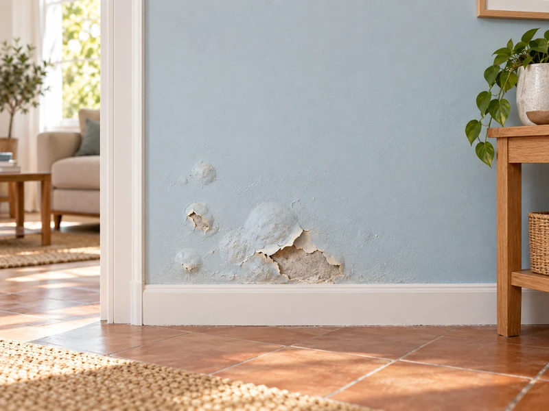 Enduit cloqué et éclaté sous l'effet de l'humidité dans un mur