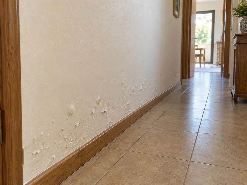 Peinture qui cloque en bas de mur dans le couloir d'un pavillon