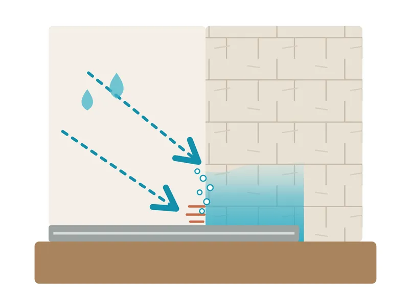 Schéma d'un pont thermique : l'air chaud rencontre la dalle froide, la condensation se forme dans l'angle du mur