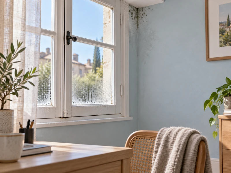Condensation et moisissures sur un mur froid mal ventilé