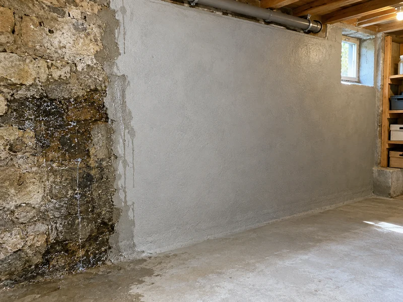 Un enduit étanche couvre la face intérieure d'un mur qui reste mouillé.