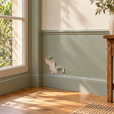 Peinture décollée par l'humidité emprisonnée dans le mur