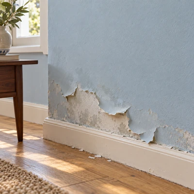 Peinture bleue décollée en bas de mur intérieur sous l'effet des remontées capillaires