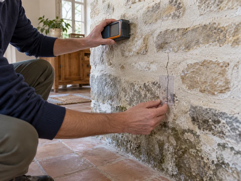 L'humidité et une fissure sont examinées sur le mur en pierre avant isolation.