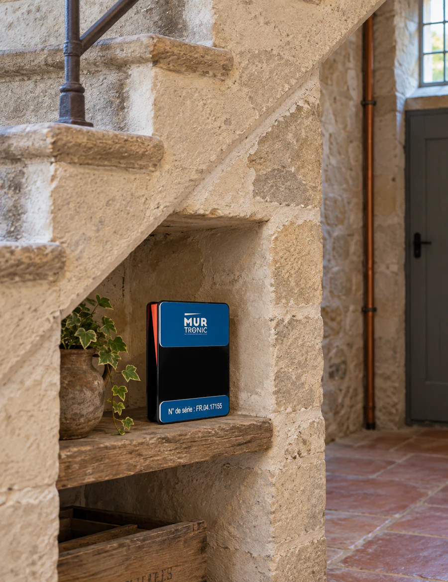 Dispositif Mur-Tronic installé discrètement sur un bâtiment ancien
