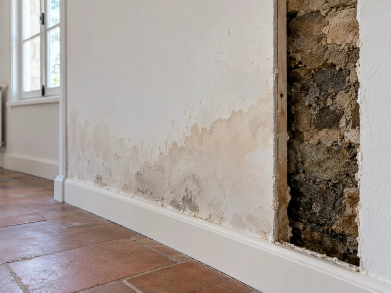 Un doublage en plâtre cache un mur humide et se tache à son tour.