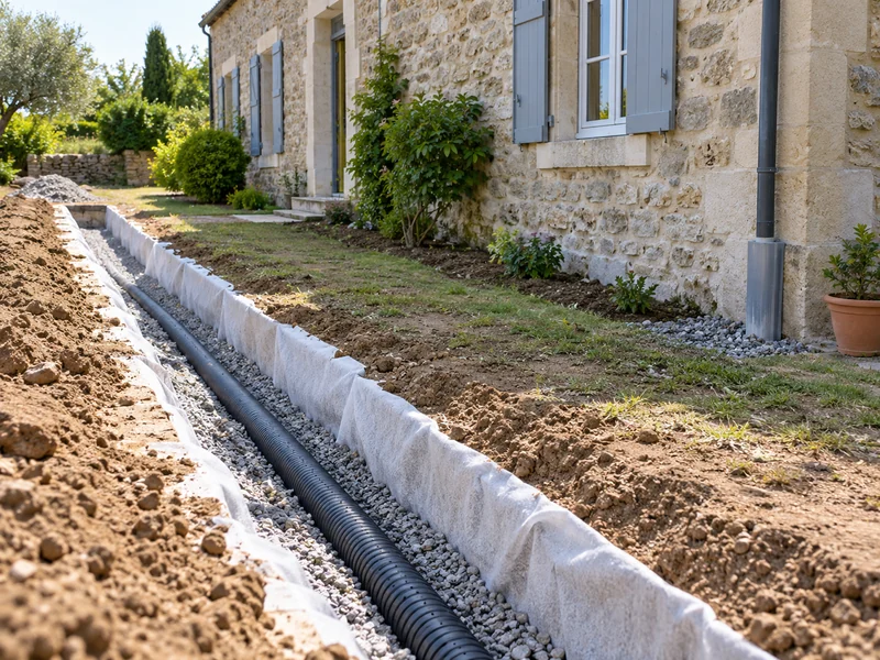 Le drain est creusé à distance du soubassement en pierre.