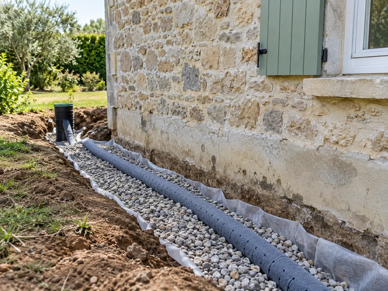 Un drain longe le pourtour d'une dalle de rez-de-chaussée.