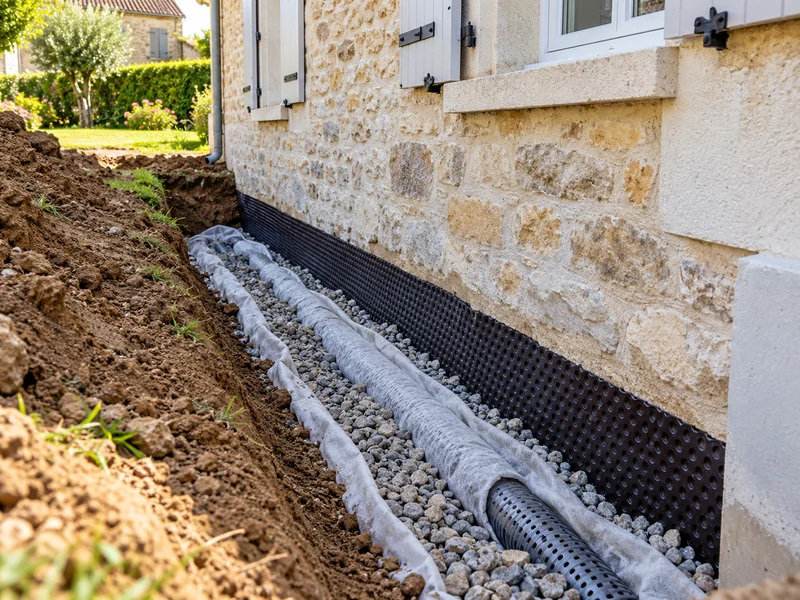 Un drain périphérique est ouvert au pied d'une façade.