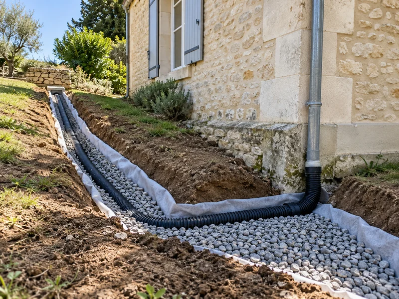 Un drain récupère l'eau de pluie sans coller aux fondations.