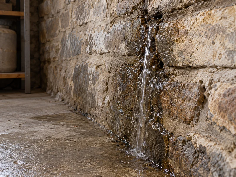 Un filet d'eau libre sort d'une fissure dans un mur de cave.