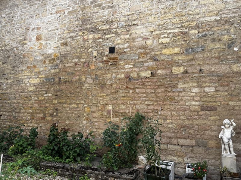 Façade de maison en pierre à Beaune avec tache d'humidité visible à plus de 5 mètres - diagnostic remontées capillaires Mur-Tronic