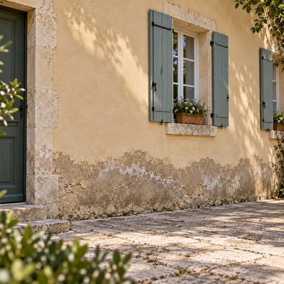 Frange d'humidité irrégulière en bas d'une façade ancienne, signe distinctif des remontées capillaires