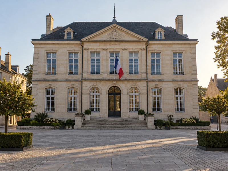 Hôtel de ville de pierre, perron et drapeau, fin de journée