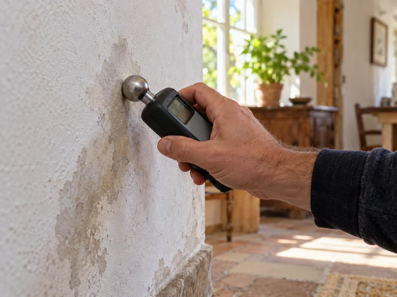 Une sphère est posée à plat sur l'enduit pour sonder sous la surface.