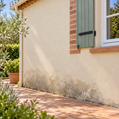 Humidité en bas de mur d'un bâtiment ancien antérieur à 1950