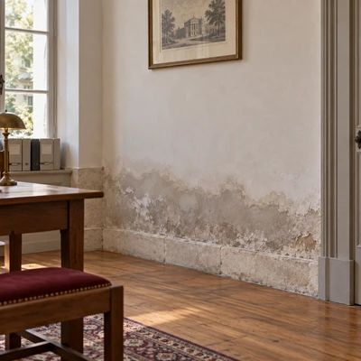 Humidité permanente en bas de mur d'un intérieur patrimonial, traces jusqu'à hauteur d'appui