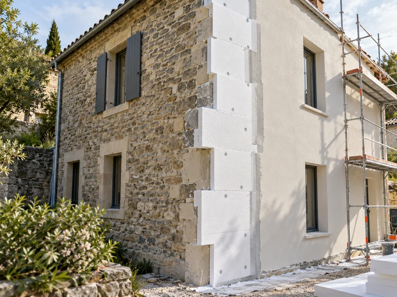 Un isolant extérieur masque la pierre de la façade.