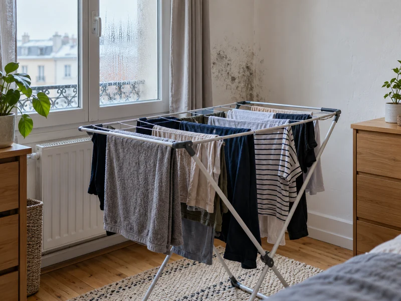 Du linge sèche dans une petite pièce, devant un mur déjà taché.