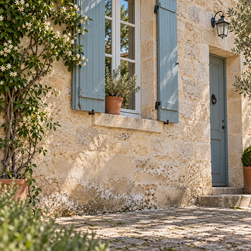 Maison ancienne en pierre, salpêtre et joints à la chaux fragilisés par les remontées capillaires