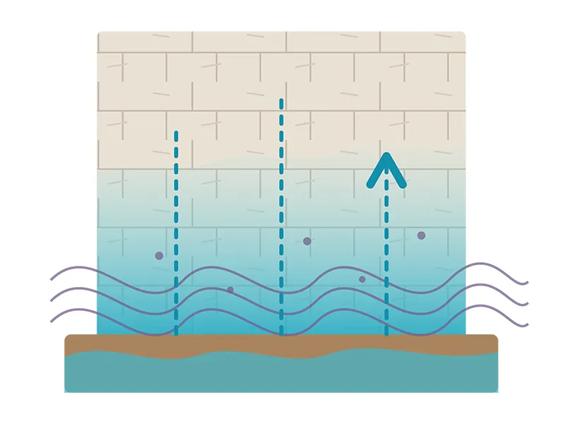 Schéma de la perturbation électromagnétique du sol qui propulse l'humidité plus haut dans le mur