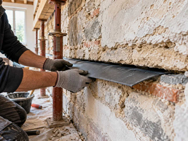 Une membrane est glissée dans une saignée horizontale du mur.