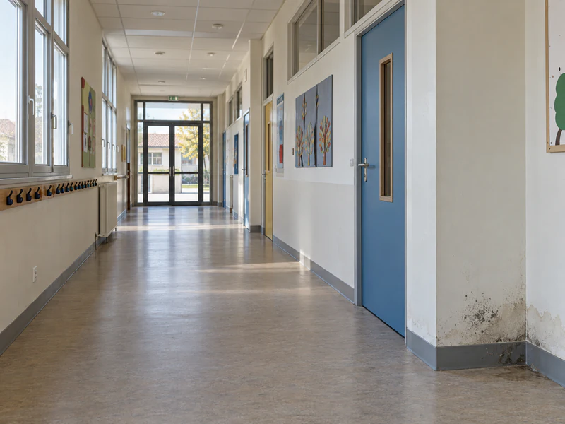 Traces d'humidité et moisissures en pied de mur dans un couloir d'école vide