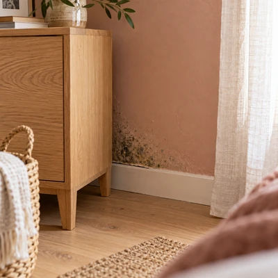 Moisissures noires en pied de mur d'une chambre, liées à une humidité chronique