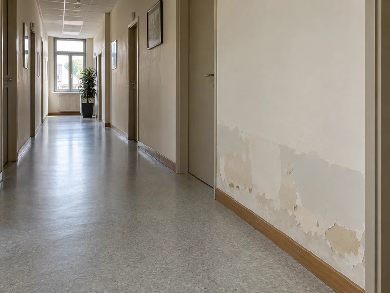 Peinture cloquée en bas de mur dans un couloir de mairie