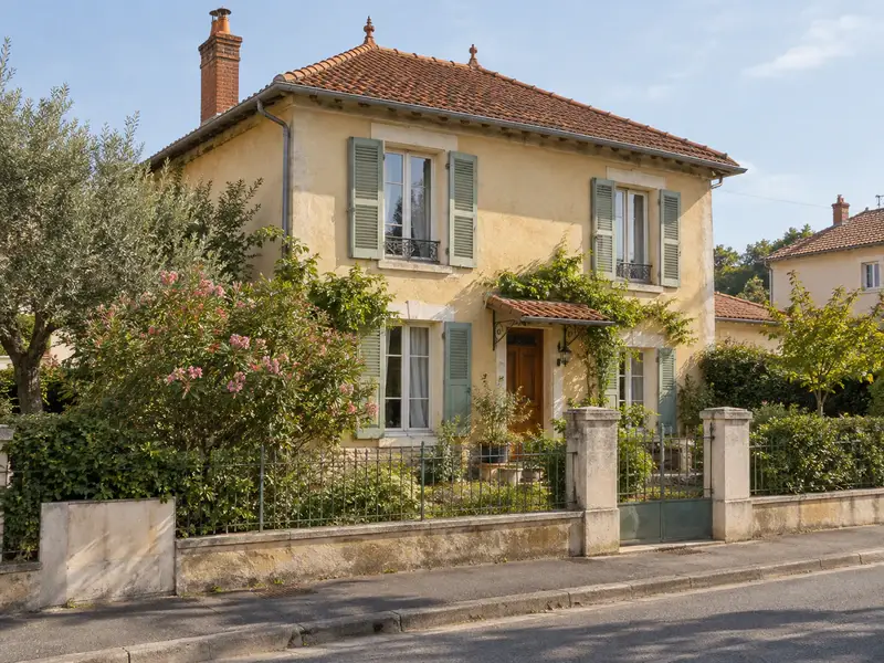 Maison individuelle aux volets verts, façade ocre et jardin