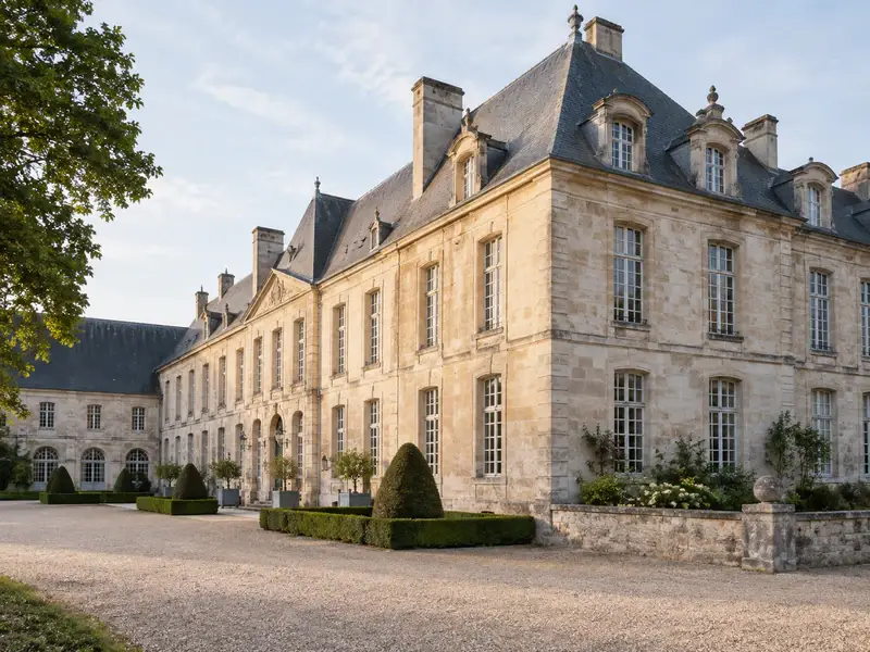 Château en pierre claire, façade historique et cour gravillonnée