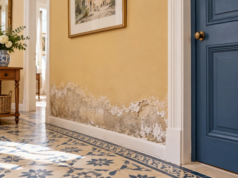 Remontées capillaires : humidité et salpêtre en bas d'un mur ancien