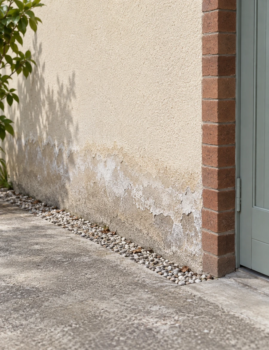 Gros plan sur un pied de mur ancien couvert de salpêtre, enduit dégradé par l'humidité