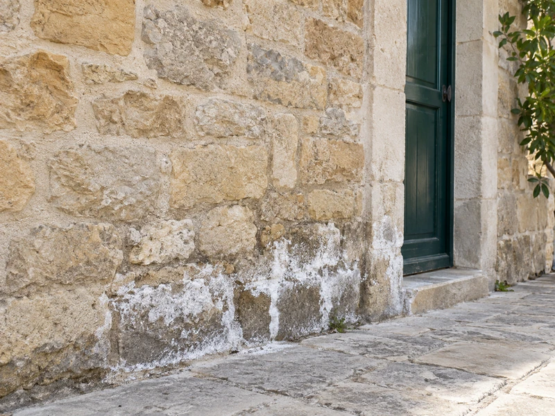 Salpêtre et traces blanches au pied d'un mur en pierre, signe de remontées capillaires