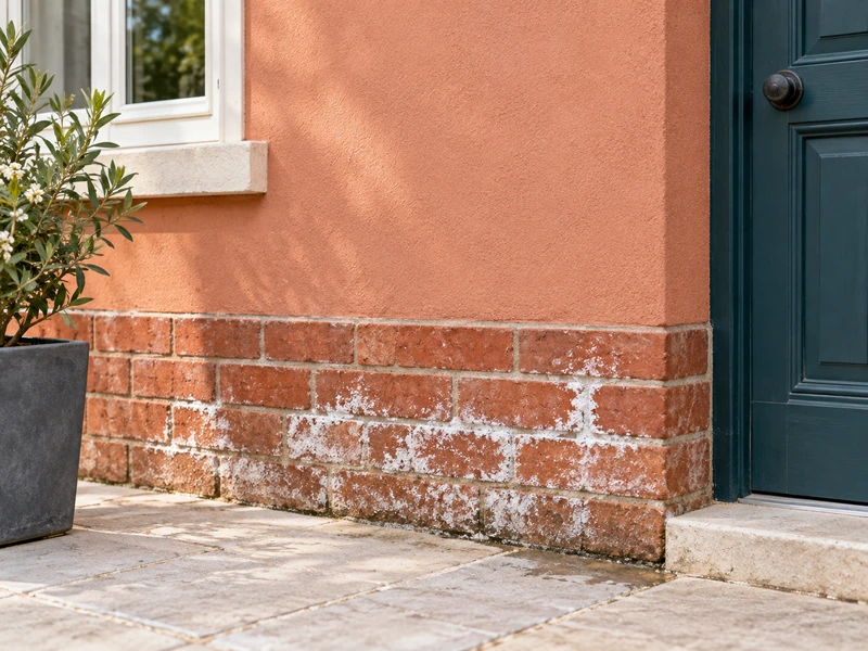 Salpêtre et traces blanches sur un mur ancien, signe de remontées capillaires
