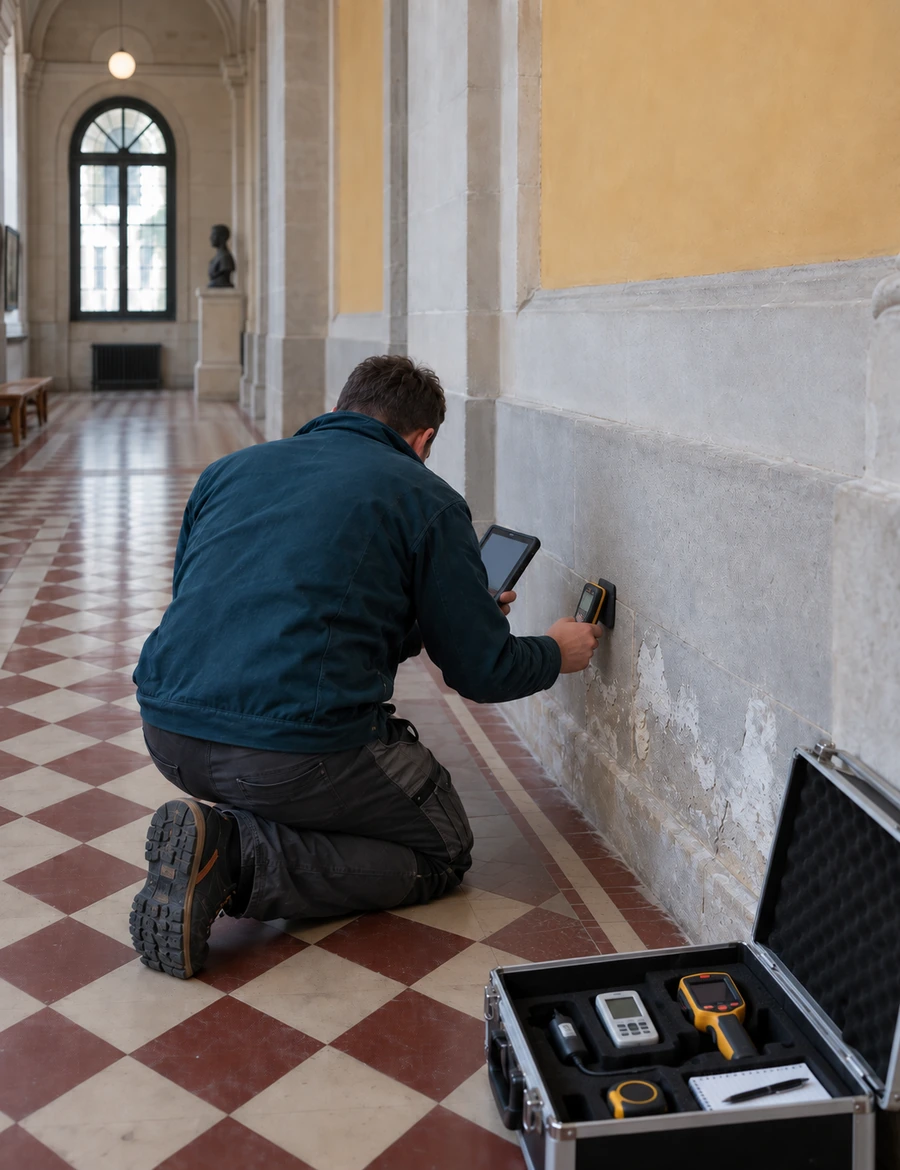 Technicien Mur-Tronic mesurant l'humidité d'un mur ancien sur site