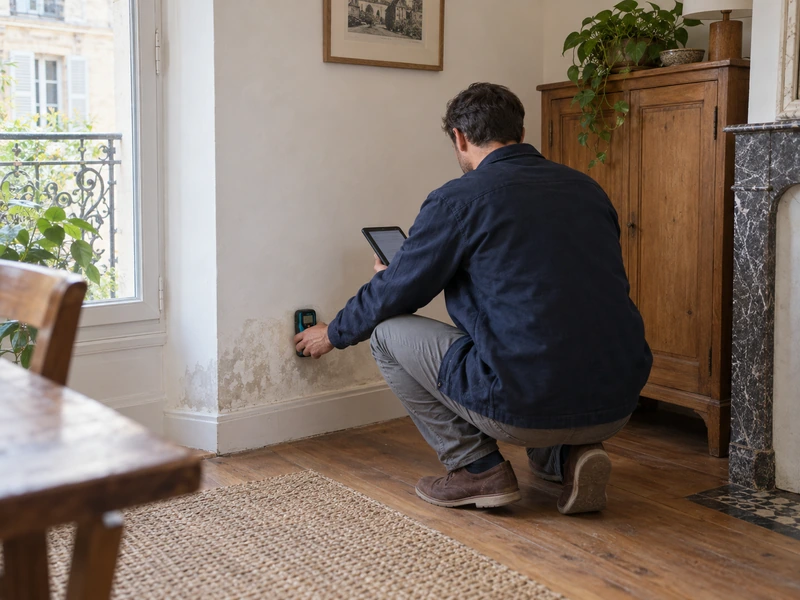 Technicien Mur-Tronic réalisant un diagnostic d'humidité sur site
