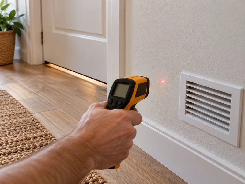 Un thermomètre laser contrôle le mur, près d'une grille d'air.