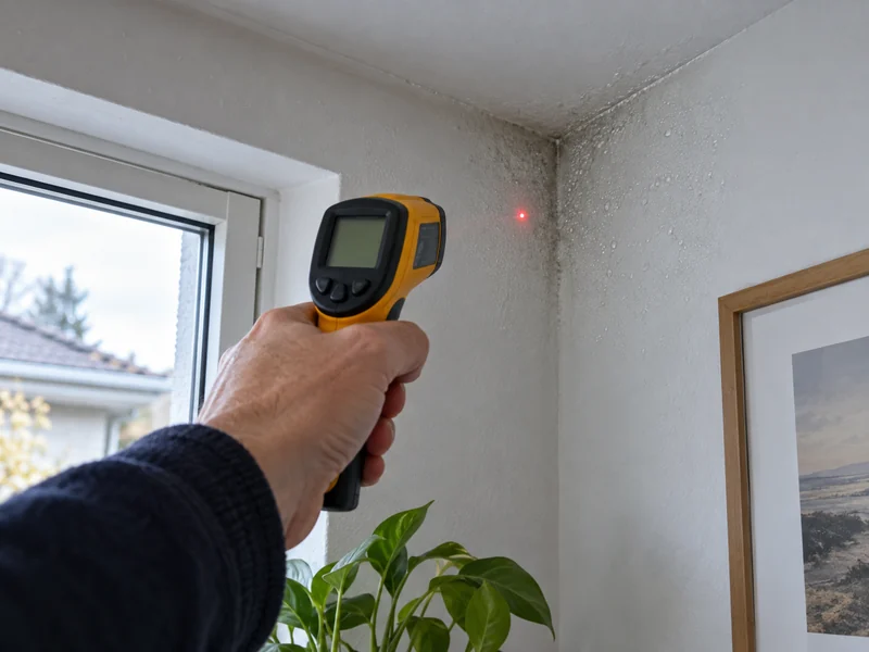 Un thermomètre laser vise un angle de mur plus froid que le reste.